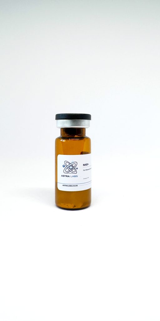 NAD+ UK 500mg Astra Labs research compound side view lyophilised vial lab tested