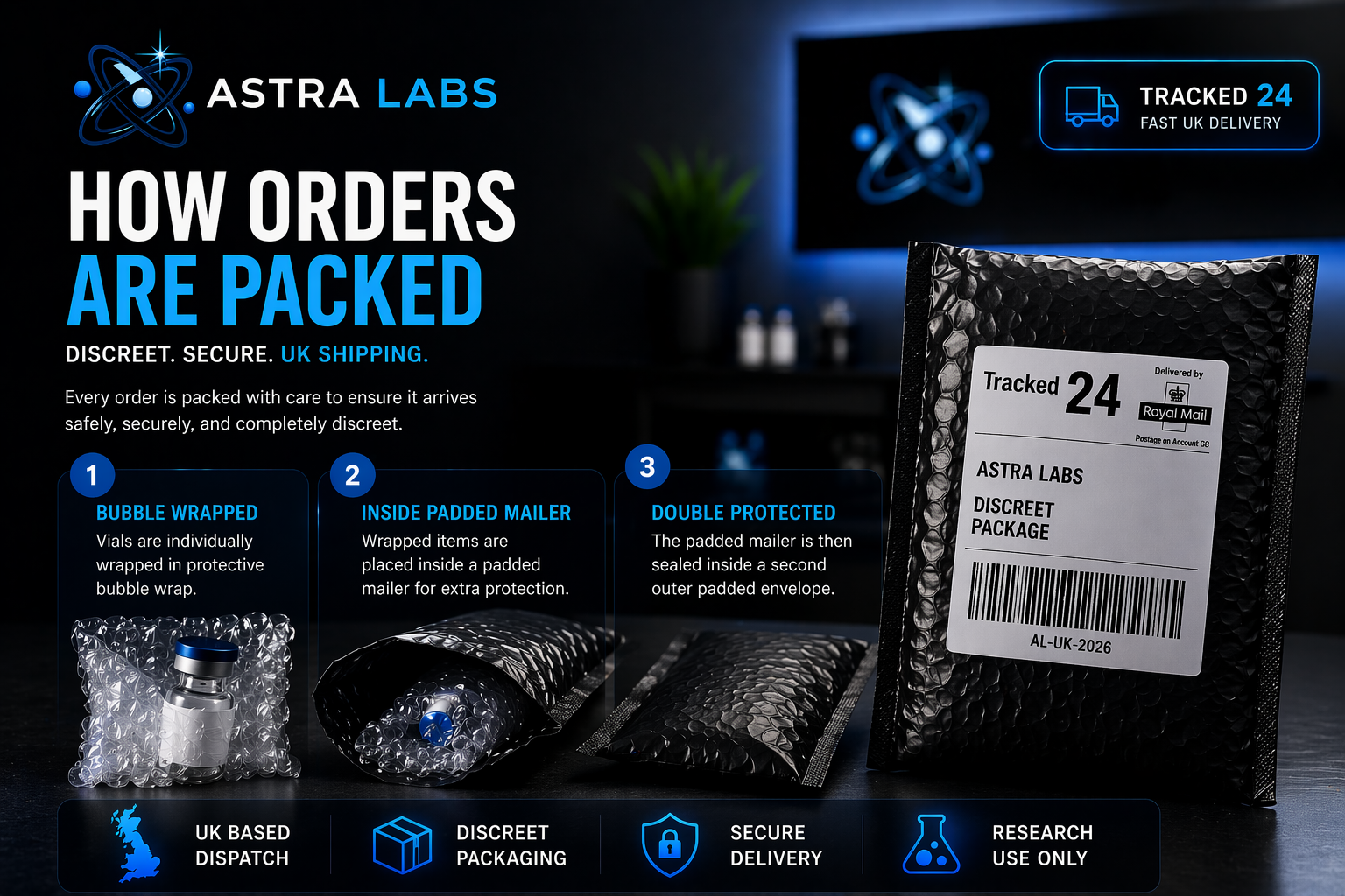how orders are packed UK peptides discreet shipping Astra Labs padded mailer tracked 24