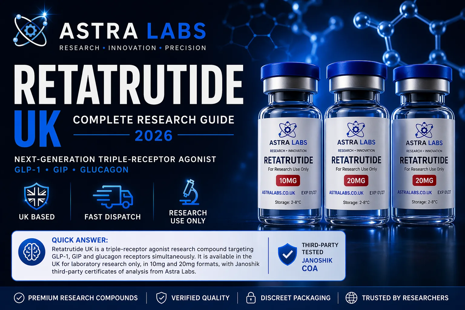 Retatrutide UK Astra Labs triple agonist research compound 2026 Janoshik COA verified premium supplier