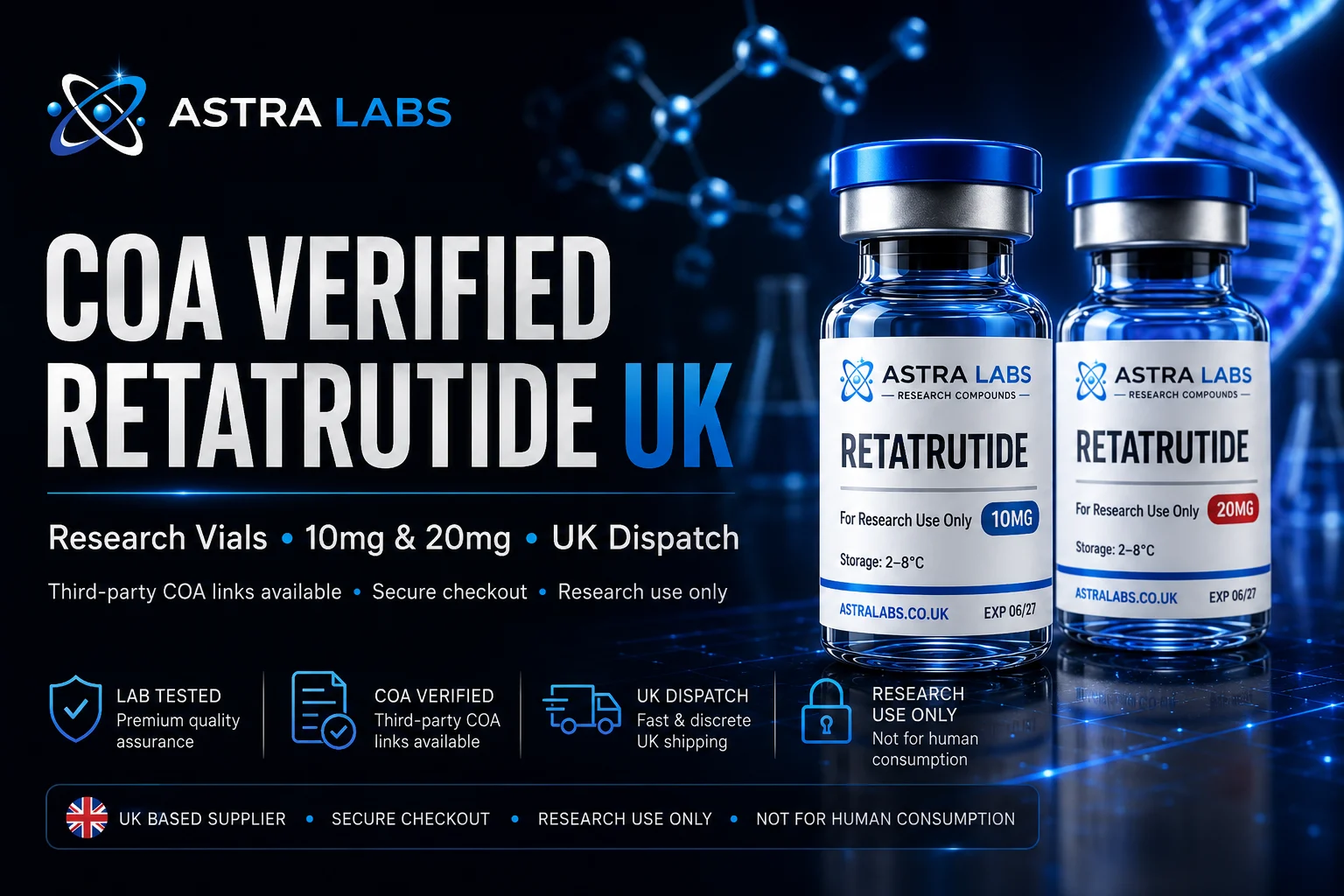 COA verified Retatrutide UK research vials from Astra Labs with 10mg and 20mg lab tested research peptide formats