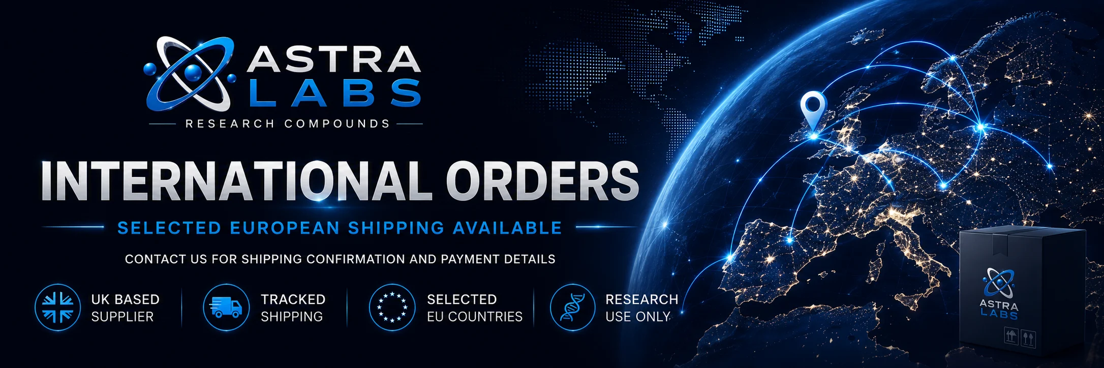 Astra Labs international orders banner showing selected European shipping for research compounds