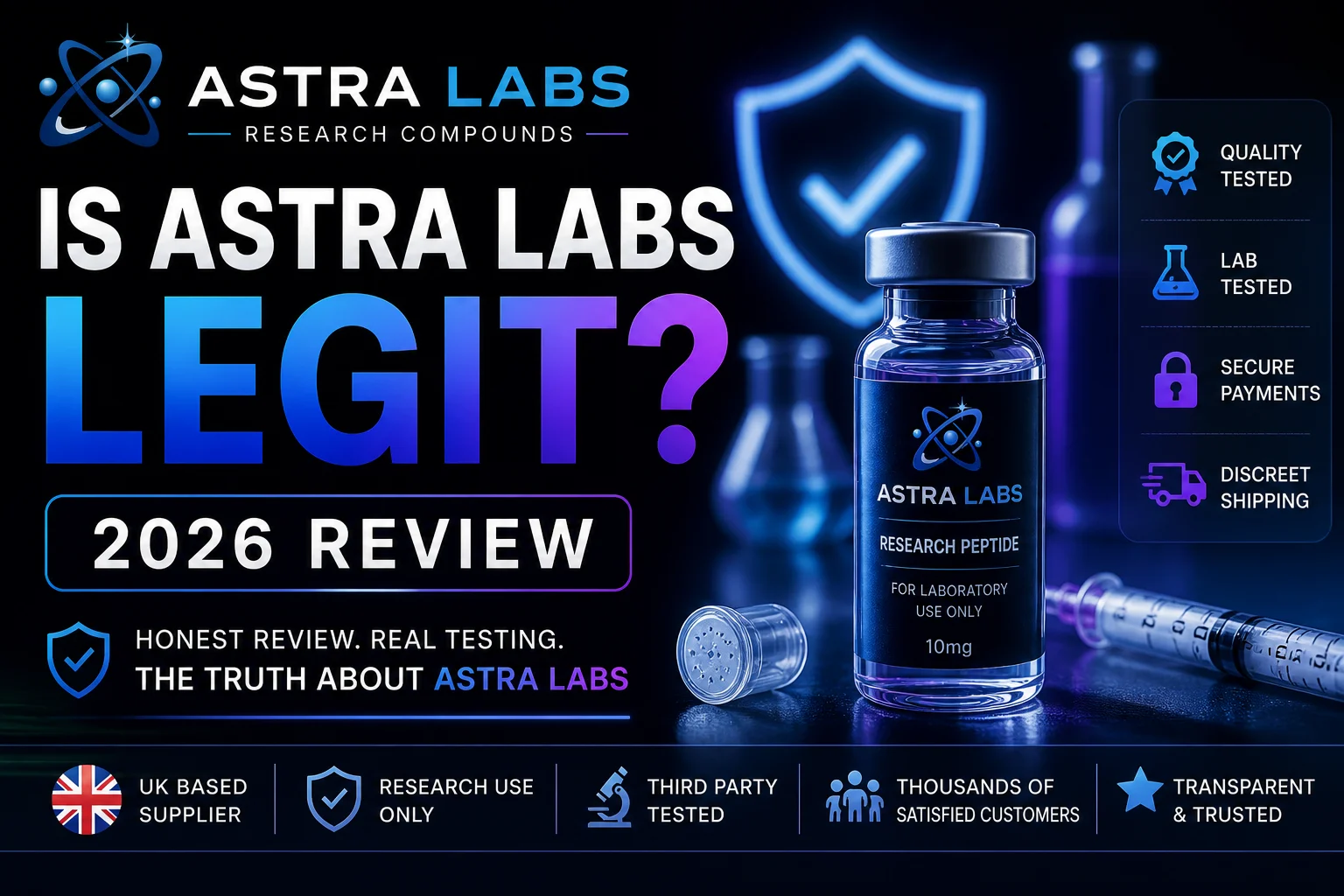 Is Astra Labs legit 2026 trusted UK research peptide supplier review with COA transparency UK dispatch and research use only standards