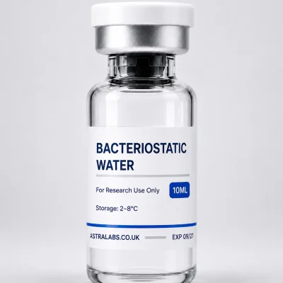 Clear 10ML bacteriostatic water research vial featuring a white and blue Astra Labs label, refrigerated storage guidance and research-use designation.